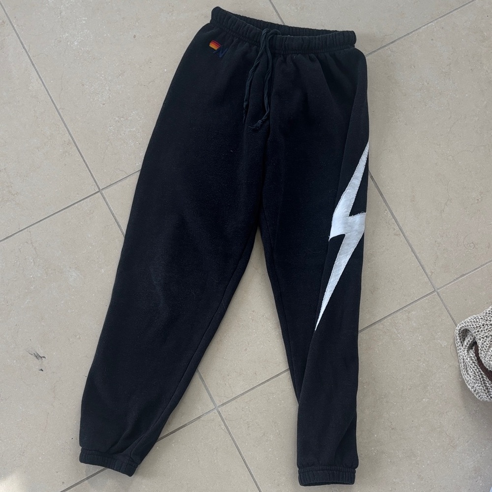 Aviator Nation Black Sweatpants with White Lightning Bolt